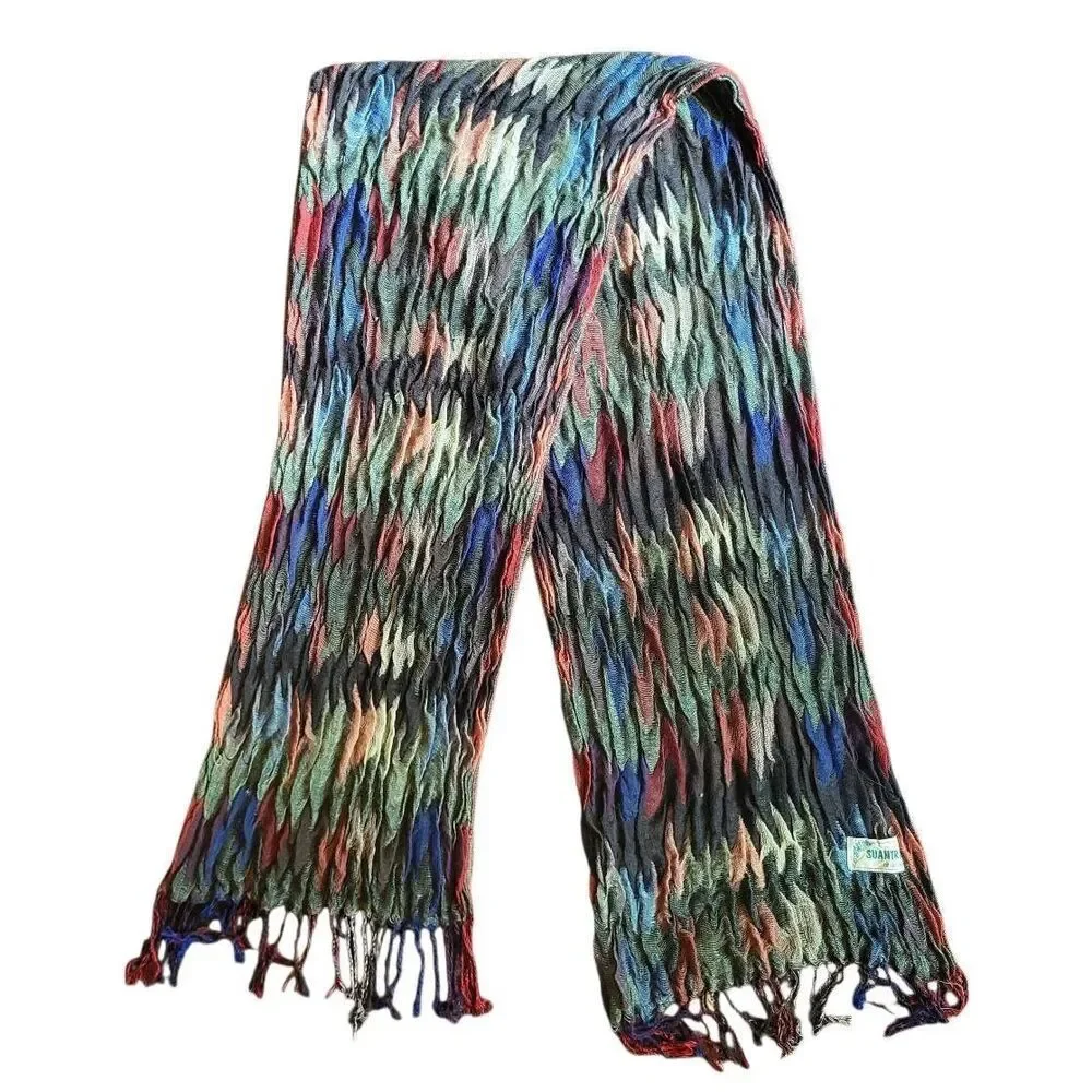 Suantrai Ireland Scarf Wide Colorful Multicolor ZigZag Lightweight Wool Fringe